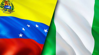 Venezuela ve Nijerya bayrakları. 3 boyutlu dalgalanan bayrak tasarımı. Venezuela Nijerya bayrağı, resim, duvar kağıdı. Venezuela, Nijerya imajına karşı, 3 boyutlu görüntüleme. Venezuela Nijerya ilişkileri ittifak ve ticaret, seyahat, turnuva