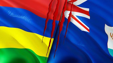 Mauritius ve Anguilla yara izi olan bayraklar. Dalgalanan bayrak, 3 boyutlu görüntüleme. Mauritius ve Anguilla çatışma konsepti. Mauritius Anguilla ilişkileri kavramı. Mauritius bayrağı ve Anguilla krizi, savaş