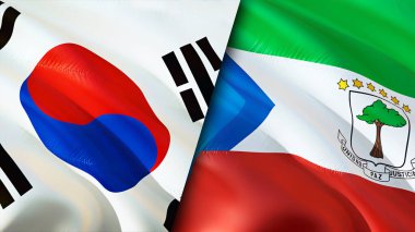 Güney Kore ve Ekvator Ginesi bayrakları. 3 boyutlu dalgalanan bayrak tasarımı. Güney Kore Ekvator Gine bayrağı, resim, duvar kağıdı. Güney Kore Ekvator Ginesi 'ne karşı, görüntü 3D. Güney Kore Ekvator