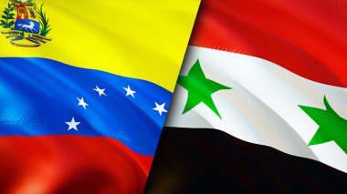 Venezuela ve Suriye bayrakları. 3 boyutlu dalgalanan bayrak tasarımı. Venezuela Suriye bayrağı, resim, duvar kağıdı. Venezuela Suriye 'ye karşı, görüntü 3 boyutlu. Venezuela Suriye ilişkileri ittifak ve ticaret, seyahat, turizm konsepti
