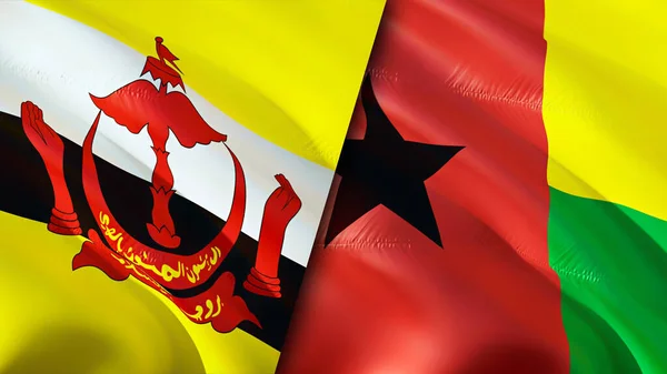 Brunei and Guinea Bissau flags. 3D Waving flag design. Brunei Guinea Bissau flag, picture, wallpaper. Brunei vs Guinea Bissau image,3D rendering. Brunei Guinea Bissau relations alliance an