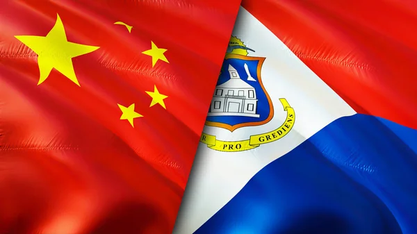 China and Sint Maarten flags. 3D Waving flag design. China Sint Maarten flag, picture, wallpaper. China vs Sint Maarten image,3D rendering. China Sint Maarten relations alliance an