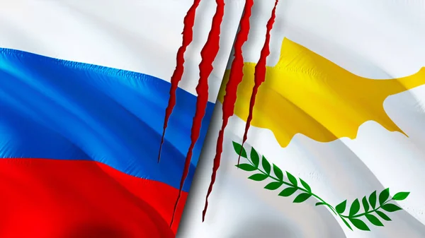 Russia and Cyprus flags with scar concept. Waving flag,3D rendering. Russia and Cyprus conflict concept. Russia Cyprus relations concept. flag of Russia and Cyprus crisis,war, attack concep