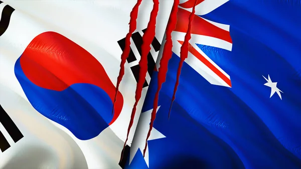 South Korea and Australia flags with scar concept. Waving flag,3D rendering. South Korea and Australia conflict concept. South Korea Australia relations concept. flag of South Korea and Australi