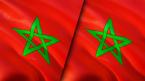 摩洛哥和摩洛哥的国旗 3D波浪旗帜设计 摩洛哥国旗 摩洛哥对摩洛哥的图像 3D渲染 摩洛哥关系联盟与贸易 — 图库照片