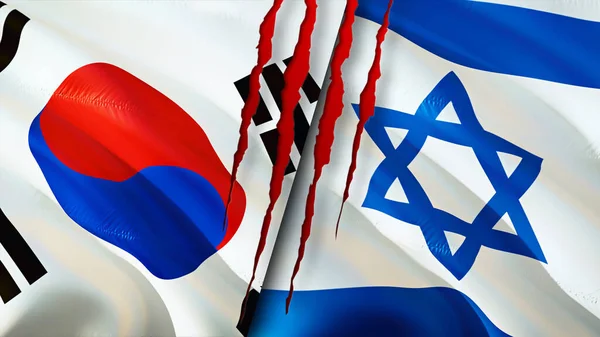 South Korea and Israel flags with scar concept. Waving flag,3D rendering. South Korea and Israel conflict concept. South Korea Israel relations concept. flag of South Korea and Israel crisis,war