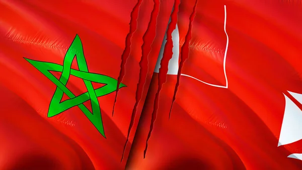 摩洛哥 瓦利斯和富图纳国旗 带有伤疤概念 飘扬的旗帜 3D渲染 摩洛哥 瓦利斯和富图纳冲突概念 摩洛哥墙和富图纳关系概念 摩洛哥国旗A — 图库照片