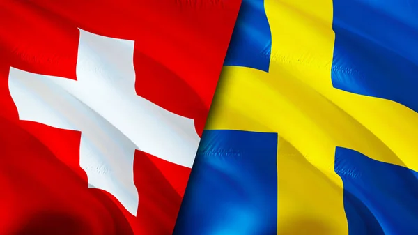 Switzerland and Sweden flags. 3D Waving flag design. Switzerland Sweden flag, picture, wallpaper. Switzerland vs Sweden image,3D rendering. Switzerland Sweden relations alliance an