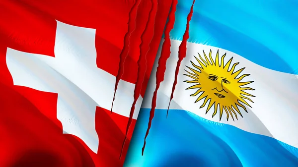 Switzerland and Argentina flags with scar concept. Waving flag,3D rendering. Switzerland and Argentina conflict concept. Switzerland Argentina relations concept. flag of Switzerland and Argentin