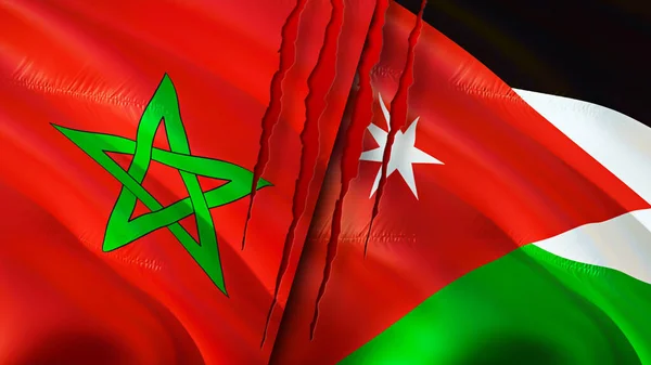 摩洛哥和约旦的国旗带有疤痕概念 飘扬的旗帜 3D渲染 摩洛哥和约旦冲突概念 摩洛哥约旦关系概念 摩洛哥和约旦国旗危机 — 图库照片