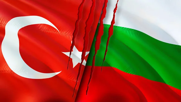 Turkey and Bulgaria flags with scar concept. Waving flag,3D rendering. Turkey and Bulgaria conflict concept. Turkey Bulgaria relations concept. flag of Turkey and Bulgaria crisis,war, attack concep