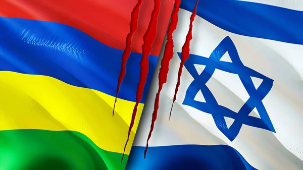 Mauritius and Israel flags with scar concept. Waving flag,3D rendering. Mauritius and Israel conflict concept. Mauritius Israel relations concept. flag of Mauritius and Israel crisis,war, attac