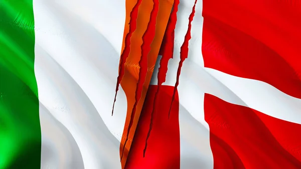 Ierland Deense Vlaggen Met Litteken Concept Wuivende Vlag Rendering Ierland — Stockfoto