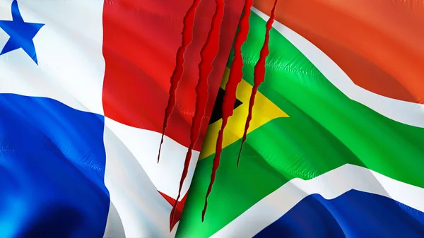 Panama and South Africa flags with scar concept. Waving flag,3D rendering. Panama and South Africa conflict concept. Panama South Africa relations concept. flag of Panama and South Afric