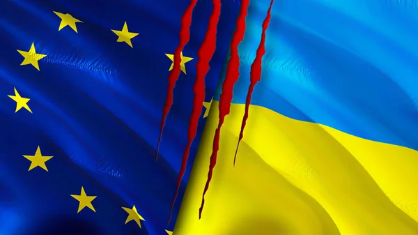 Unione Europea Ucraina Bandiere Con Concetto Cicatrice Bandiera Sventolante Rendering — Foto Stock
