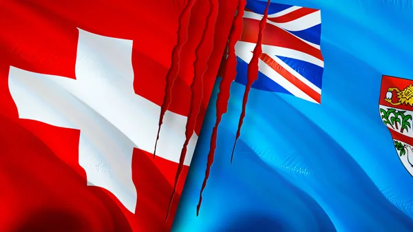 瑞士和斐济的国旗上有疤痕的概念 飘扬的旗帜 3D渲染 瑞士和斐济冲突概念 瑞士斐济关系概念 瑞士和斐济国旗危机 战争C — 图库照片