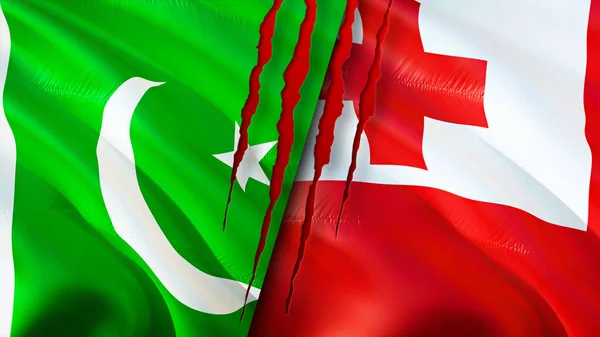 Pakistan and Tonga flags with scar concept. Waving flag,3D rendering. Pakistan and Tonga conflict concept. Pakistan Tonga relations concept. flag of Pakistan and Tonga crisis,war, attack concep