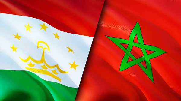 Tajikistan and Morocco flags. 3D Waving flag design. Tajikistan Morocco flag, picture, wallpaper. Tajikistan vs Morocco image,3D rendering. Tajikistan Morocco relations alliance an