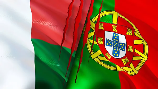 Bandeiras Madagáscar Portugal Com Conceito Cicatriz Bandeira Ondulada Renderização Conceito — Fotografia de Stock