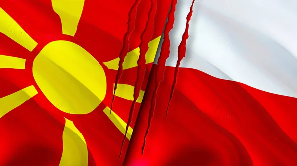 North Macedonia and Poland flags with scar concept. Waving flag,3D rendering. North Macedonia and Poland conflict concept. North Macedonia Poland relations concept. flag of North Macedonia an