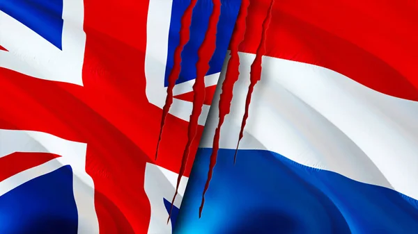 イギリスとオランダは傷の概念でフラグを立てます 旗を振って3Dレンダリング イギリスとオランダの紛争の概念 イギリスオランダ関係の概念 ユナイトの旗 — ストック写真