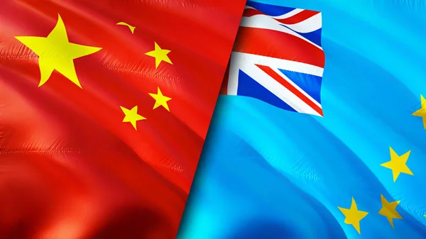 China and Tuvalu flags. 3D Waving flag design. China Tuvalu flag, picture, wallpaper. China vs Tuvalu image,3D rendering. China Tuvalu relations alliance and Trade,travel,tourism concep