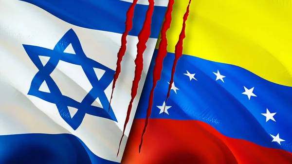 イスラエルとベネズエラは傷の概念で旗を翻す 旗を振って3Dレンダリング イスラエルとベネズエラの紛争の概念 イスラエルベネズエラ関係の概念 イスラエルとベネズエラの危機戦争攻撃 — ストック写真
