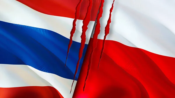 タイとポーランドは傷の概念でフラグを立てます 旗を振って3Dレンダリング タイとポーランドの対立概念 タイポーランド関係の概念 タイとポーランドの危機戦争攻撃コンプ — ストック写真