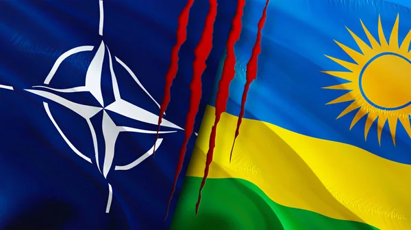 NATO and Rwanda flags with scar concept. Waving flag,3D rendering. Rwanda and NATO conflict concept. NATO Rwanda relations concept. flag of NATO and Rwanda crisis,war, attack concep