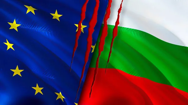 European Union and Bulgaria flags with scar concept. Waving flag,3D rendering. European Union and Bulgaria conflict concept. European Union Bulgaria relations concept. flag of European Union an
