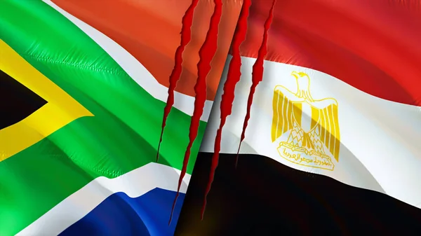 South Africa and Egypt flags with scar concept. Waving flag,3D rendering. South Africa and Egypt conflict concept. South Africa Egypt relations concept. flag of South Africa and Egypt crisis,war