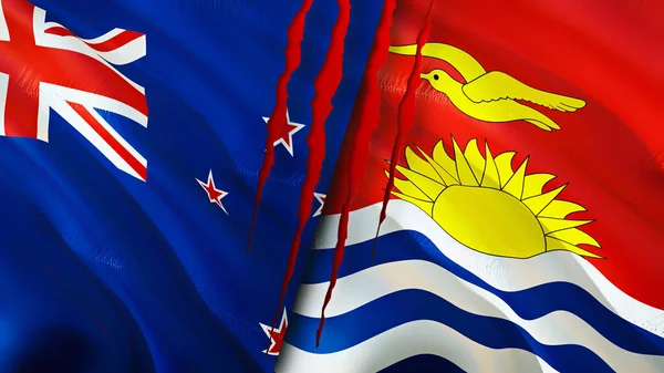 新西兰和基里巴斯的国旗带有疤痕概念 波浪旗3D渲染 新西兰和基里巴斯冲突概念 新西兰基里巴斯关系概念 新西兰国旗和基里巴特旗 — 图库照片