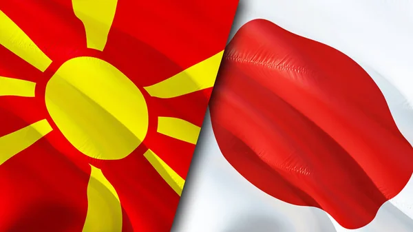 North Macedonia and Japan flags. 3D Waving flag design. North Macedonia Japan flag, picture, wallpaper. North Macedonia vs Japan image,3D rendering. North Macedonia Japan relations alliance an
