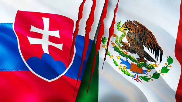Slovakia and Mexico flags with scar concept. Waving flag,3D rendering. Slovakia and Mexico conflict concept. Slovakia Mexico relations concept. flag of Slovakia and Mexico crisis,war, attack concep
