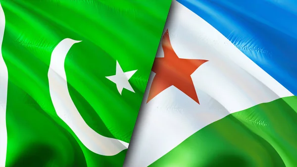 Pakistan and Djibouti flags. 3D Waving flag design. Pakistan Djibouti flag, picture, wallpaper. Pakistan vs Djibouti image,3D rendering. Pakistan Djibouti relations alliance and Trade,travel,touris