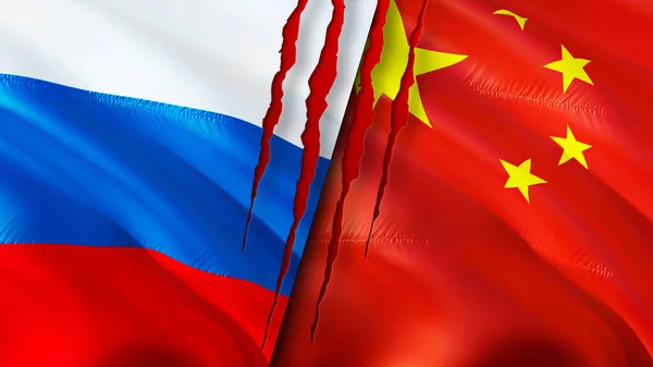 Флаги России Китая Шрамами Флажок Рендеринг Концепция Конфликта России Китая — стоковое фото