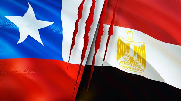 Chile and Egypt flags with scar concept. Waving flag,3D rendering. Chile and Egypt conflict concept. Chile Egypt relations concept. flag of Chile and Egypt crisis,war, attack concep