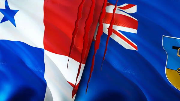 巴拿马和蒙特塞拉特带有伤疤概念的国旗 飘扬的旗帜 3D渲染 巴拿马和蒙特塞拉特冲突概念 巴拿马蒙特塞拉特关系概念 巴拿马国旗和蒙特塞拉特危机 战争C — 图库照片