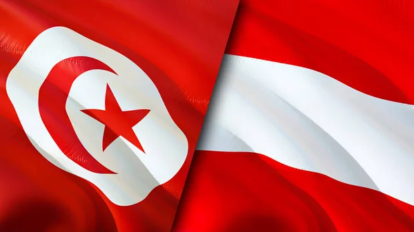 Tunisia and Austria flags. 3D Waving flag design. Tunisia Austria flag, picture, wallpaper. Tunisia vs Austria image,3D rendering. Tunisia Austria relations alliance and Trade,travel,tourism concep