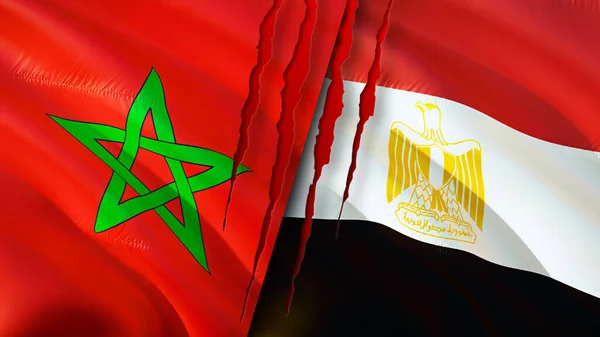 Morocco and Egypt flags with scar concept. Waving flag,3D rendering. Morocco and Egypt conflict concept. Morocco Egypt relations concept. flag of Morocco and Egypt crisis,war, attack concep