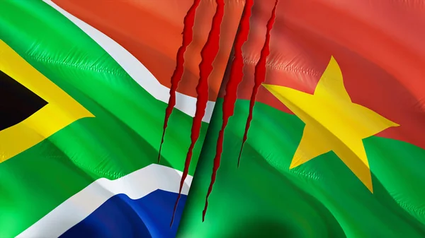 South Africa and Burkina Faso flags with scar concept. Waving flag,3D rendering. South Africa and Burkina Faso conflict concept. South Africa Burkina Faso relations concept. flag of South Africa an