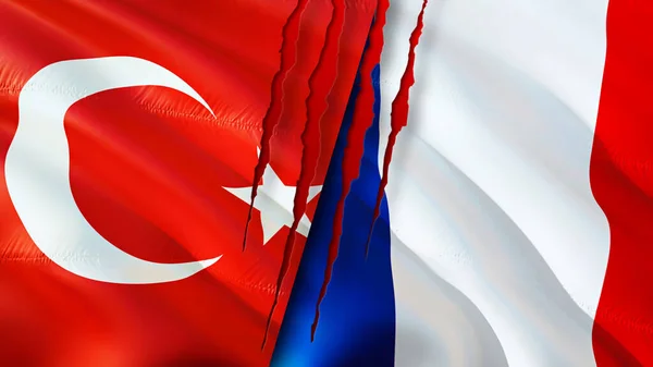 Turkey and France flags with scar concept. Waving flag,3D rendering. Turkey and France conflict concept. Turkey France relations concept. flag of Turkey and France crisis,war, attack concep