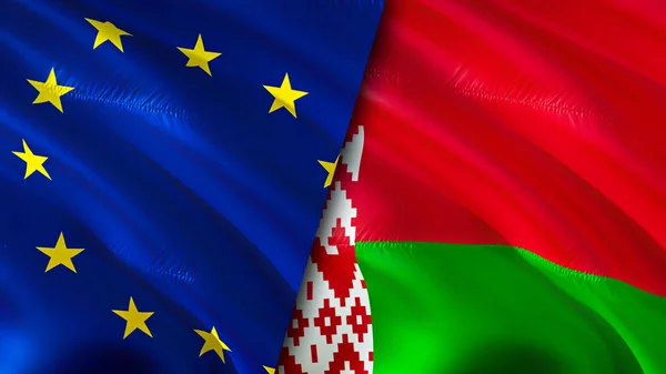 European Union and Belarus flags. 3D Waving flag design. European Union Belarus flag, picture, wallpaper. European Union vs Belarus image,3D rendering. European Union Belarus relations alliance an