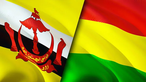 Brunei and Bolivia flags. 3D Waving flag design. Brunei Bolivia flag, picture, wallpaper. Brunei vs Bolivia image,3D rendering. Brunei Bolivia relations alliance and Trade,travel,tourism concep