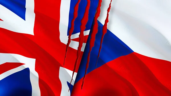 Birleşik Krallık Çek Bayrakları Yara Izi Konseptiyle Dalgalanan Bayrak Boyutlu — Stok fotoğraf