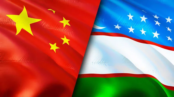 China and Uzbekistan flags. 3D Waving flag design. China Uzbekistan flag, picture, wallpaper. China vs Uzbekistan image,3D rendering. China Uzbekistan relations alliance and Trade,travel,touris