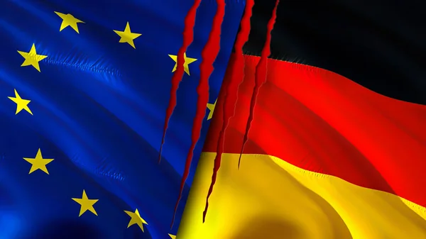 European Union and Germany flags with scar concept. Waving flag,3D rendering. European Union and Germany conflict concept. European Union Germany relations concept. flag of European Union an