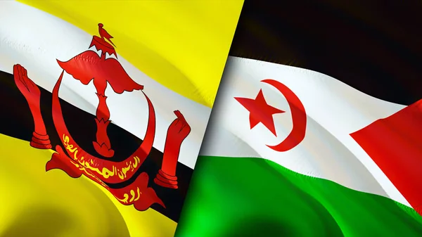 Brunei and Western Sahara flags. 3D Waving flag design. Brunei Western Sahara flag, picture, wallpaper. Brunei vs Western Sahara image,3D rendering. Brunei Western Sahara relations alliance an