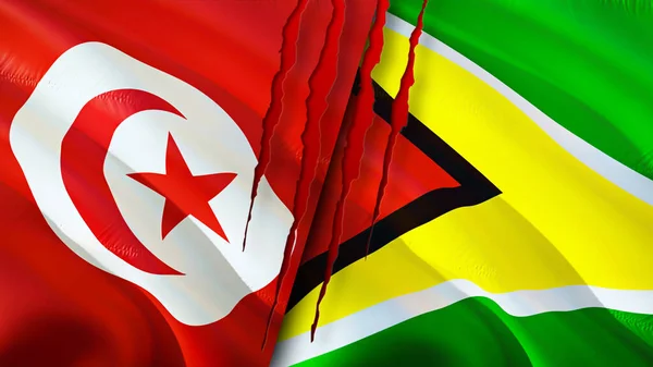 Bandiere Tunisia Guyana Con Concetto Cicatrice Bandiera Sventolante Rendering Tunisia — Foto Stock