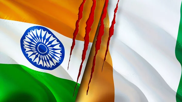 India Ivoorkust Vlaggen Met Litteken Concept Wuivende Vlag Weergave Conflictconcept — Stockfoto